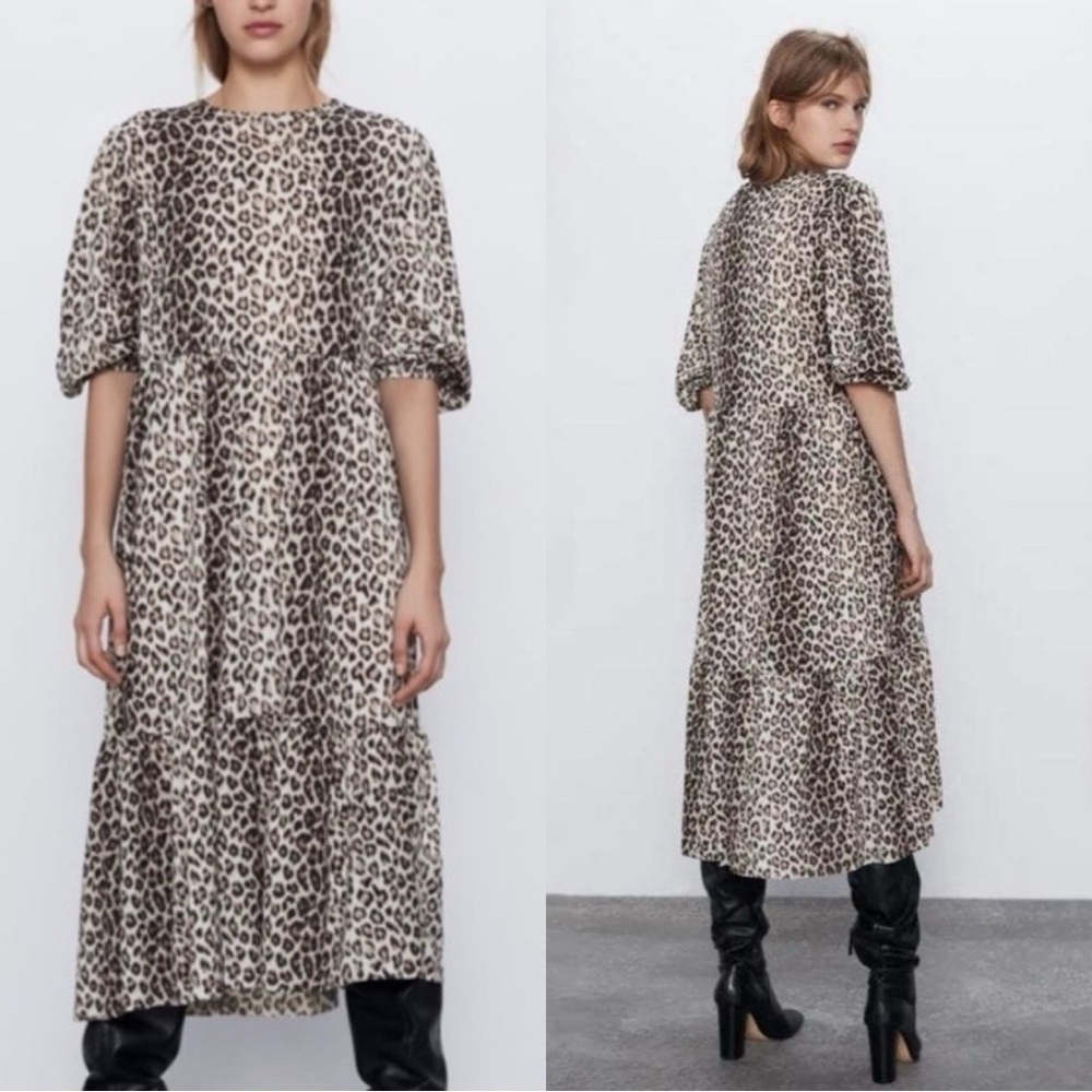 ZARA Cheetah Print Tiered Puff Sleeve Maxi Dress Sz L
